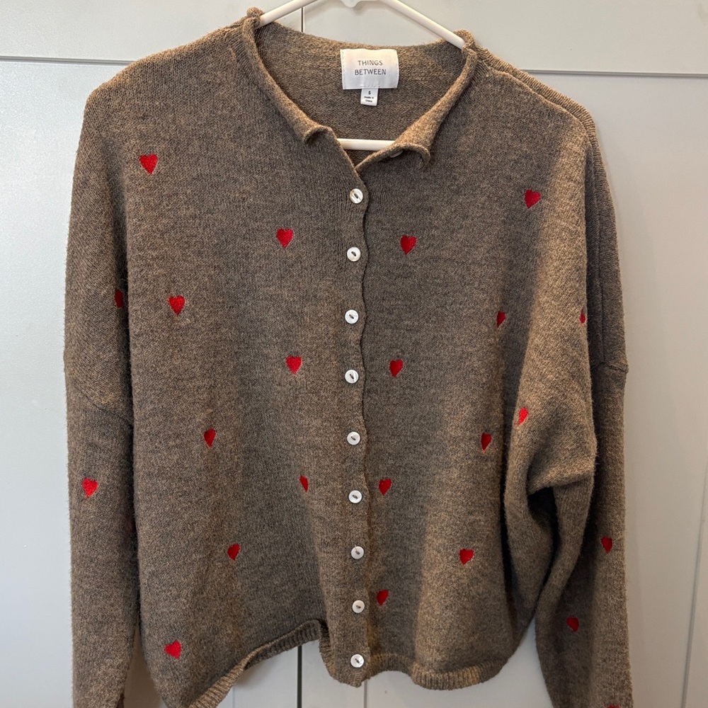 Things Between Brown Knit Cardigan with Red Heart Accents